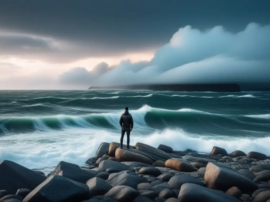 Figura solitaria en la costa rocosa, contemplando el mar turbulento bajo un cielo tormentoso, con patrones geométricos