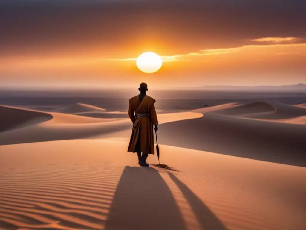 Figura solitaria en desierto al atardecer, con pluma en mano, evoca la influencia diáspora poesía africana