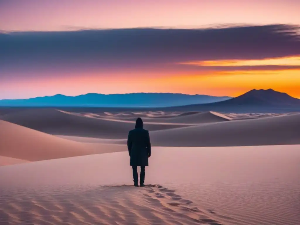 Una figura solitaria en un desierto al atardecer, evocando la soledad en poesía lírica