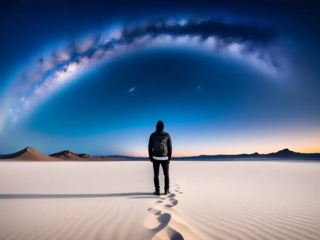 Figura solitaria en desierto bajo cielo estrellado, reflejando el poder transformador de las palabras