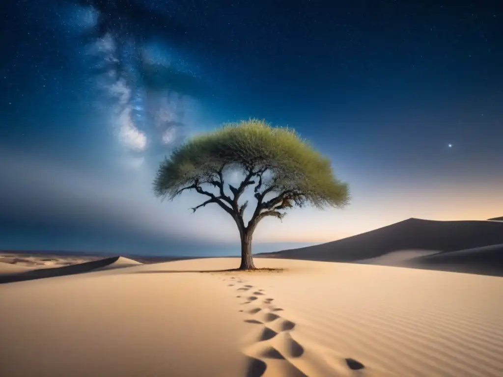 Figura solitaria en desierto bajo cielo estrellado, árbol al fondo