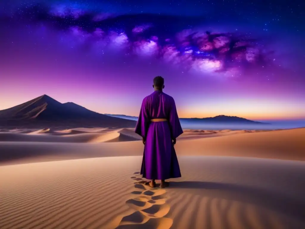 Figura solitaria en un desierto al anochecer, conectada espiritualmente con el cosmos