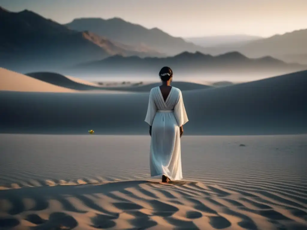 Figura solitaria en desierto contempla flor, poesía minimalista fuerza transformadora