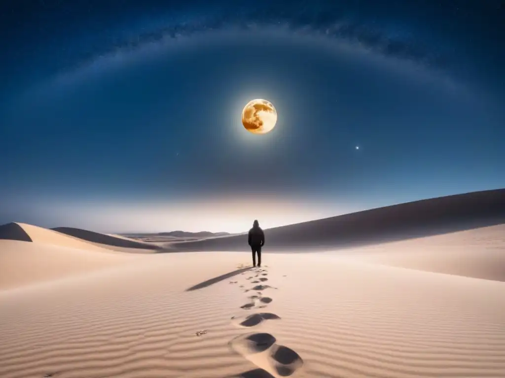 Figura solitaria en desierto nocturno, luna llena y estrellas brillantes