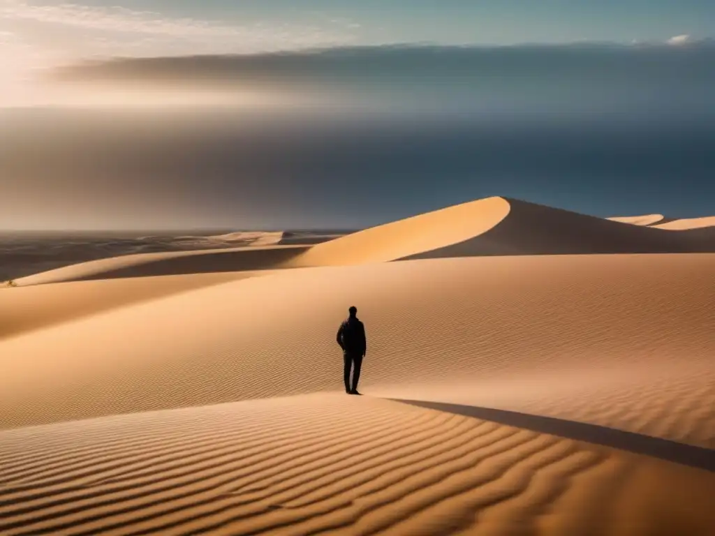 Figura solitaria reflexiona en el desierto, bajo el sol abrasador