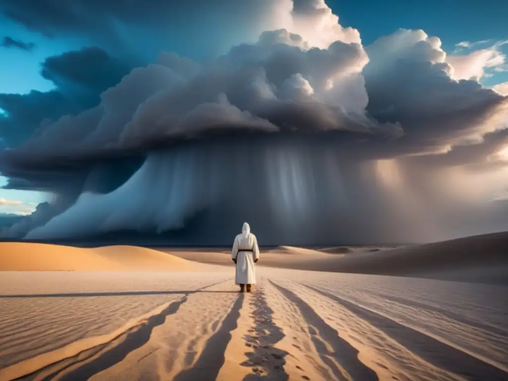 Figura solitaria en un desierto vacío, mirando una tormenta lejana con determinación