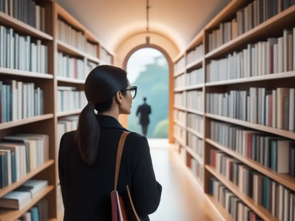 Figura solitaria camina entre estanterías llenas de libros de poesía, inspirada por el espíritu lírico de Diane di Prima