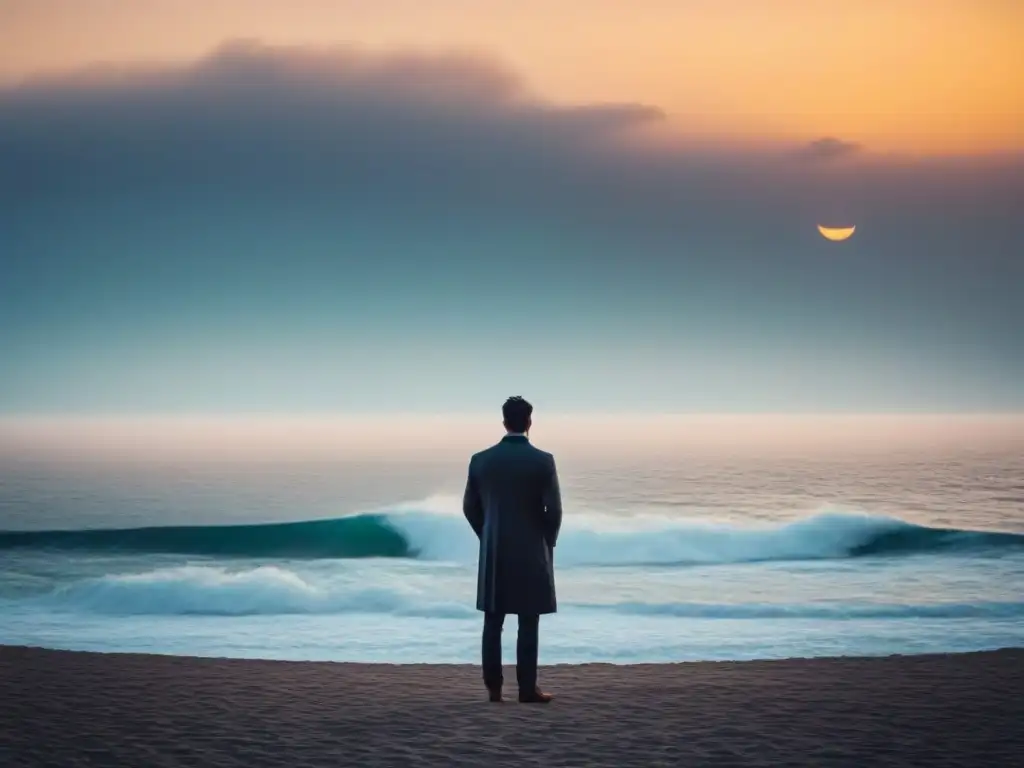 Figura solitaria frente al mar al amanecer, con un libro de poesía