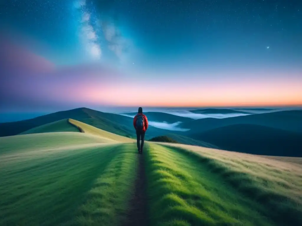 Figura solitaria contemplando el horizonte en un paisaje sereno al anochecer, bajo un cielo estrellado