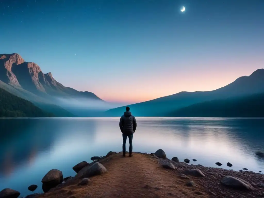 Figura solitaria junto al lago bajo la noche estrellada, reflejo de la luna, transmite transformación a través de la poesía