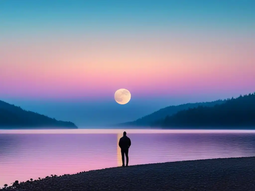 La figura solitaria contempla el lago al atardecer, conectando con el poder transformador de la poesía