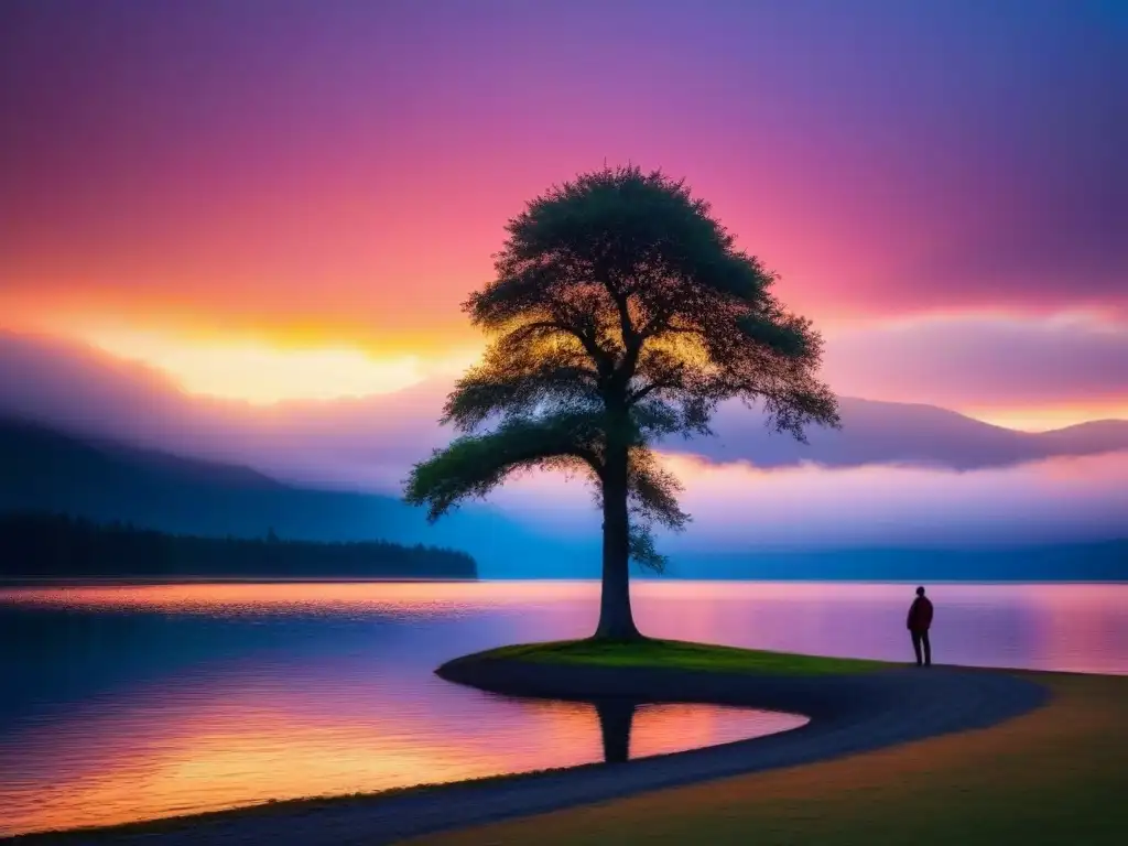 Figura solitaria contemplando el lago al atardecer, árbol silueteado en cielo