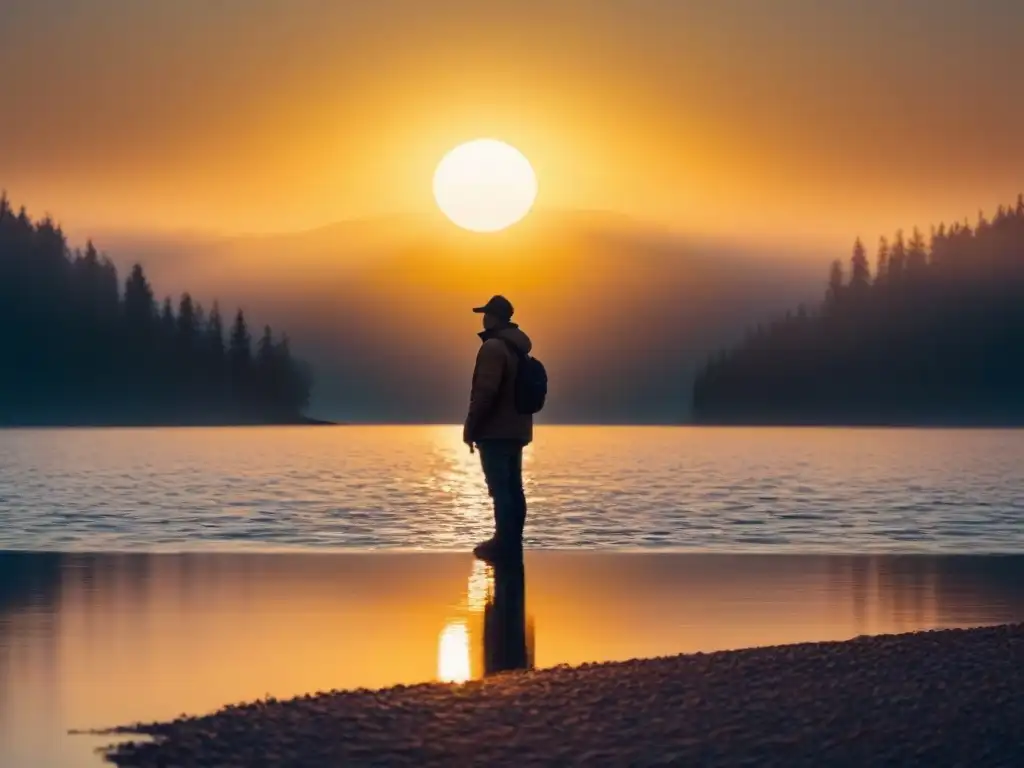 Una figura solitaria contempla el lago al atardecer, en una escena de quietud y serenidad