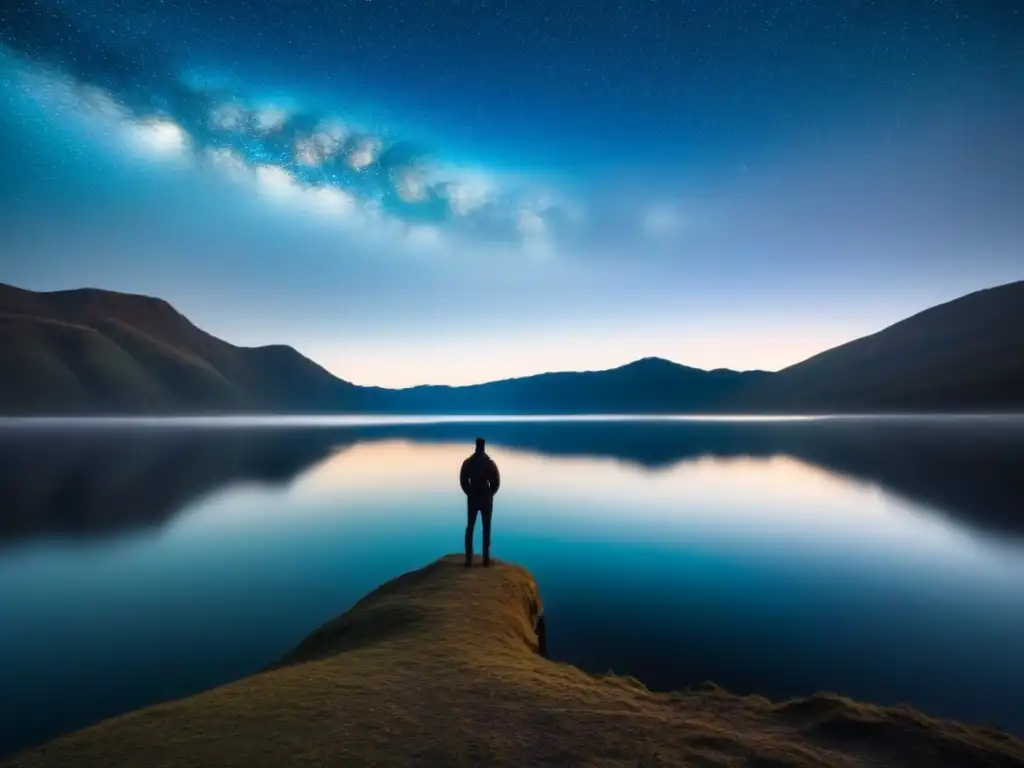 Una figura solitaria contempla el lago bajo el cielo estrellado en una escena de introspección
