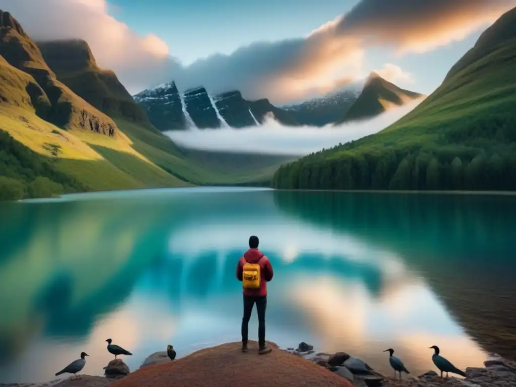 Figura solitaria junto al lago: poesía transformadora Figura solitaria en lago con montañas, cielo nublado y libro de poesía con aves coloridas, simbolizando el poder transformador de la poesía