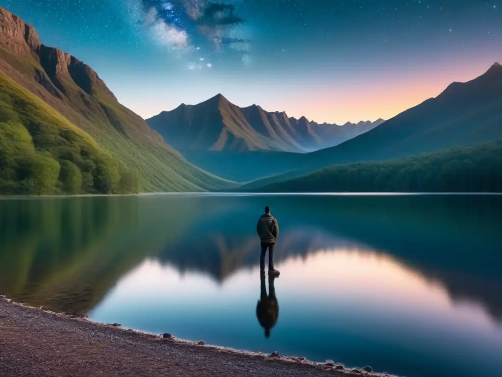 Figura solitaria en lago reflexivo al atardecer, rodeada de montañas y estrellas, invita a la introspección