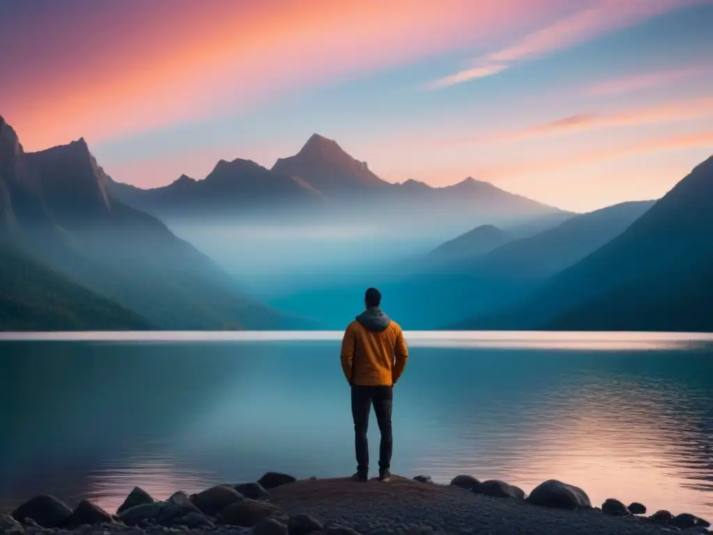 Figura solitaria en lago sereno, montañas altas y atardecer pastel