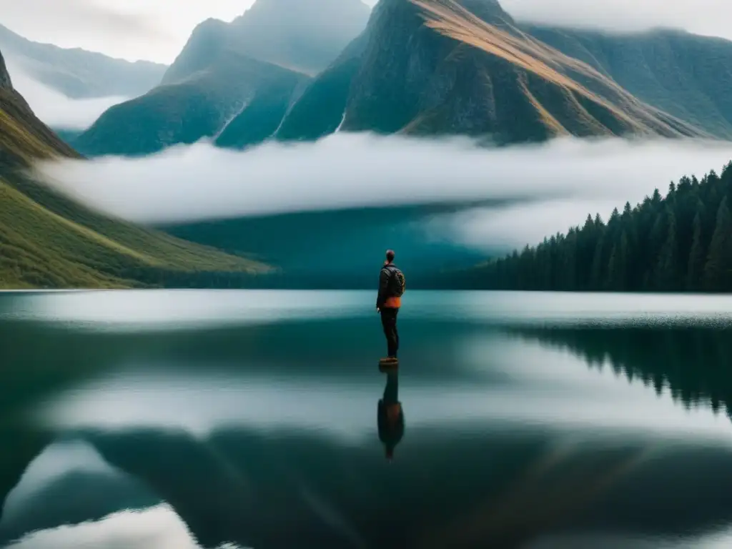 Figura solitaria en lago sereno, rodeada de montañas, reflejando contemplación y profundidad