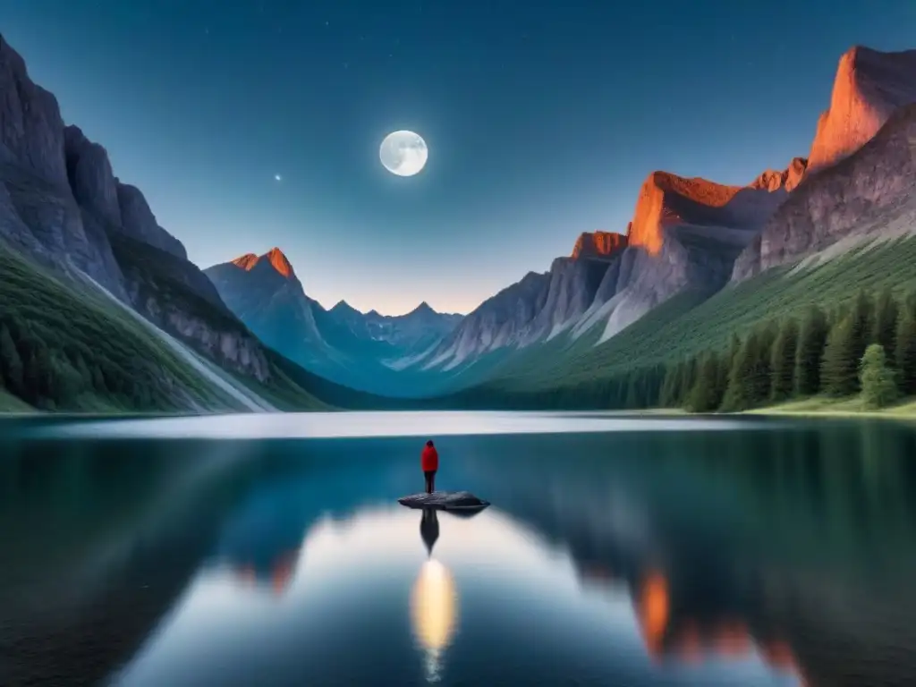 Figura solitaria reflexiona en lago sereno bajo cielo estrellado