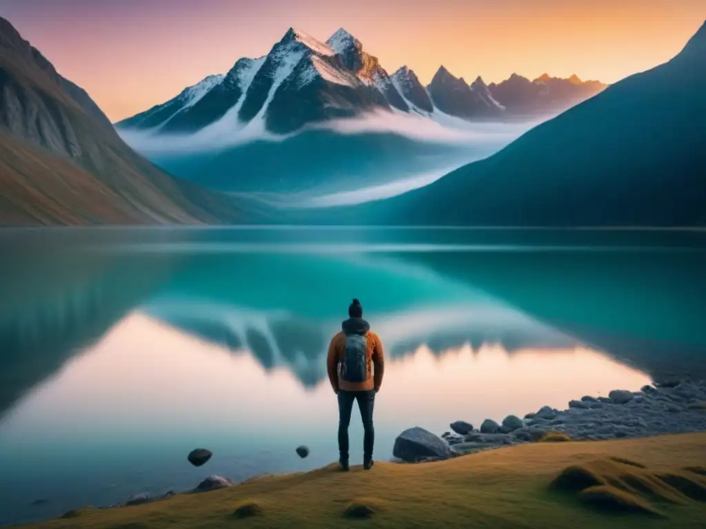 Figura solitaria en lago sereno, rodeada de montañas nevadas bajo cielo pastel