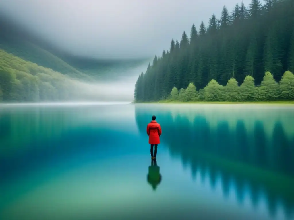 Una figura solitaria contempla un lago sereno en un bosque, reflejando exploración, poder transformador y poesía