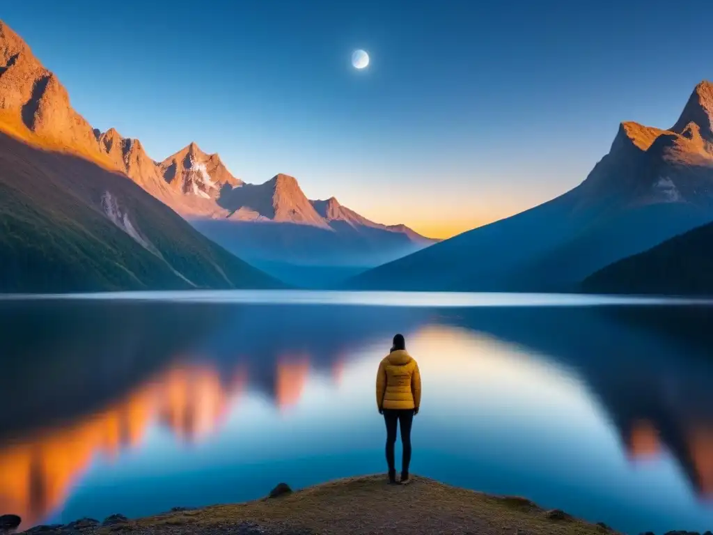 Figura solitaria en lago tranquilo bajo cielo estrellado, reflejo de luna