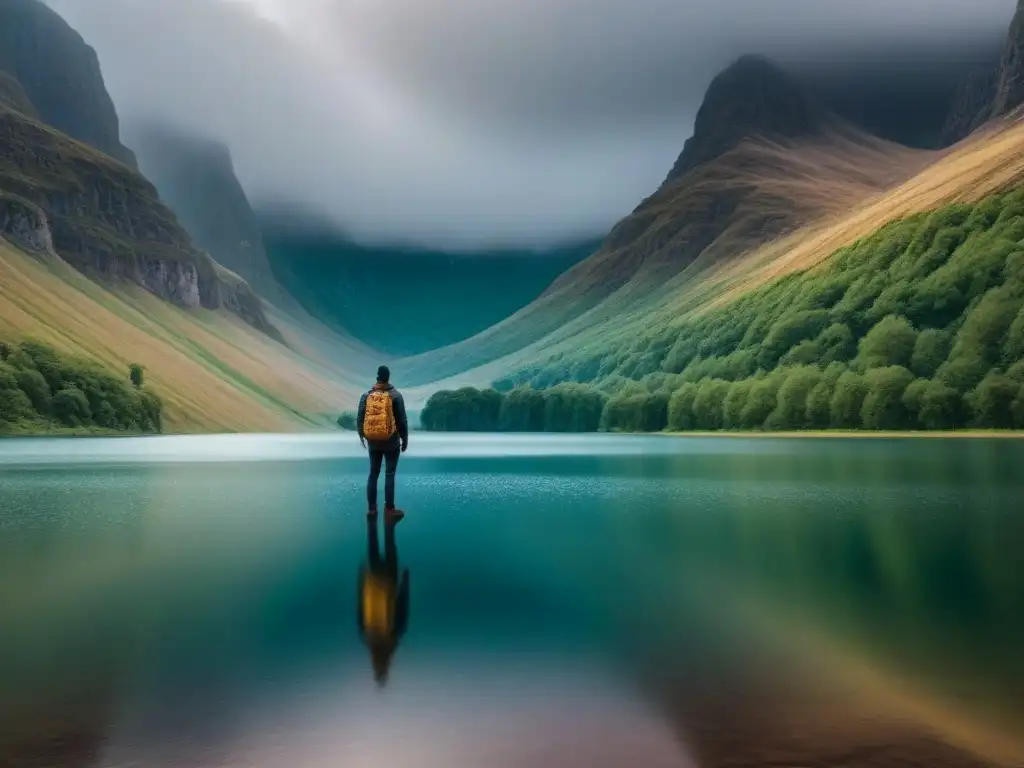 Figura solitaria reflexionando en un lago tranquilo, rodeada de montañas