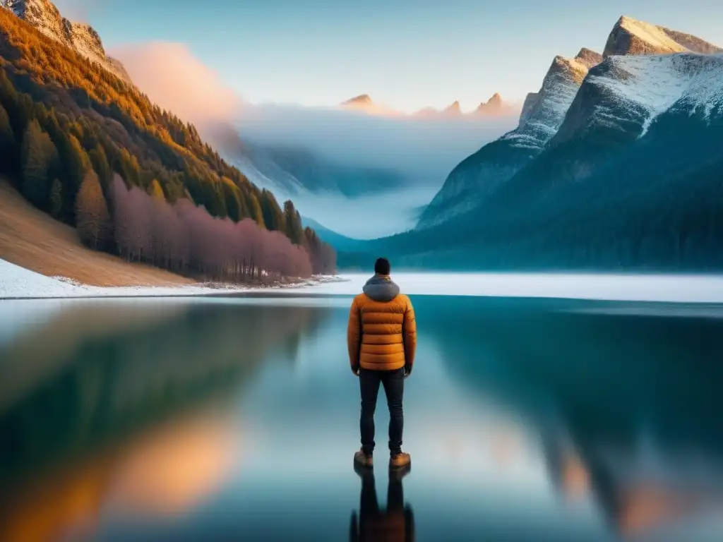 Figura solitaria en lago tranquilo, montañas nevadas y cielo pastel