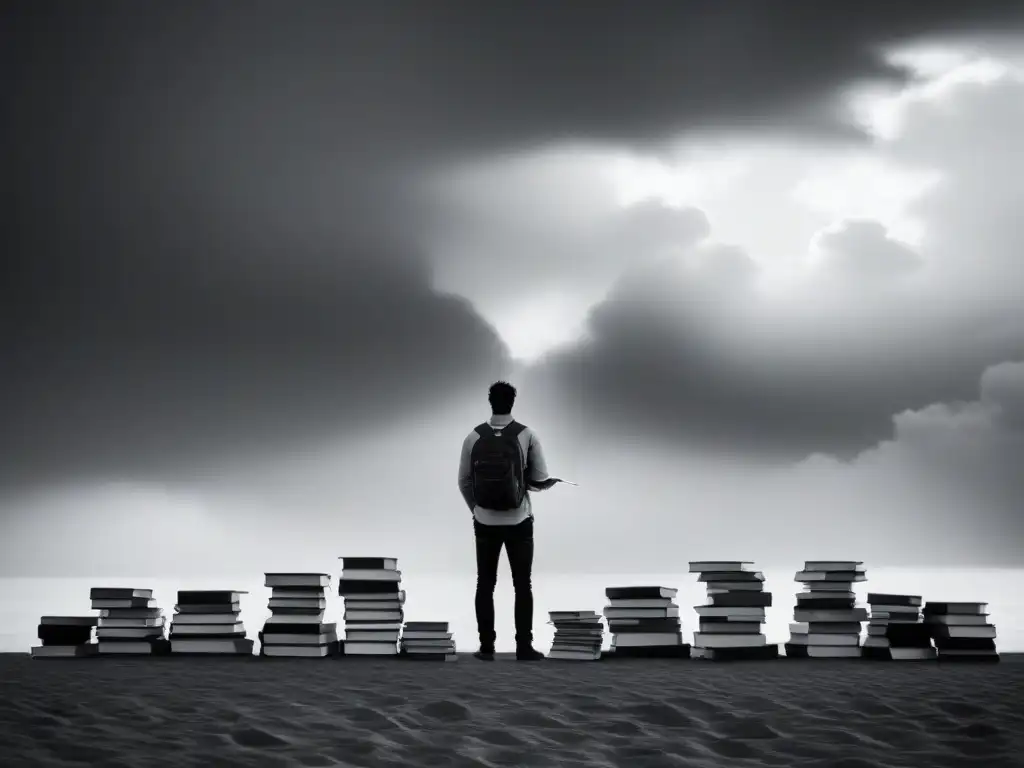 Una figura solitaria entre libros altos, perdida en pensamientos