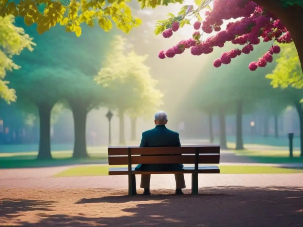 Una figura solitaria lee libros de poesía recomendados en un banco de parque rodeado de flores vibrantes