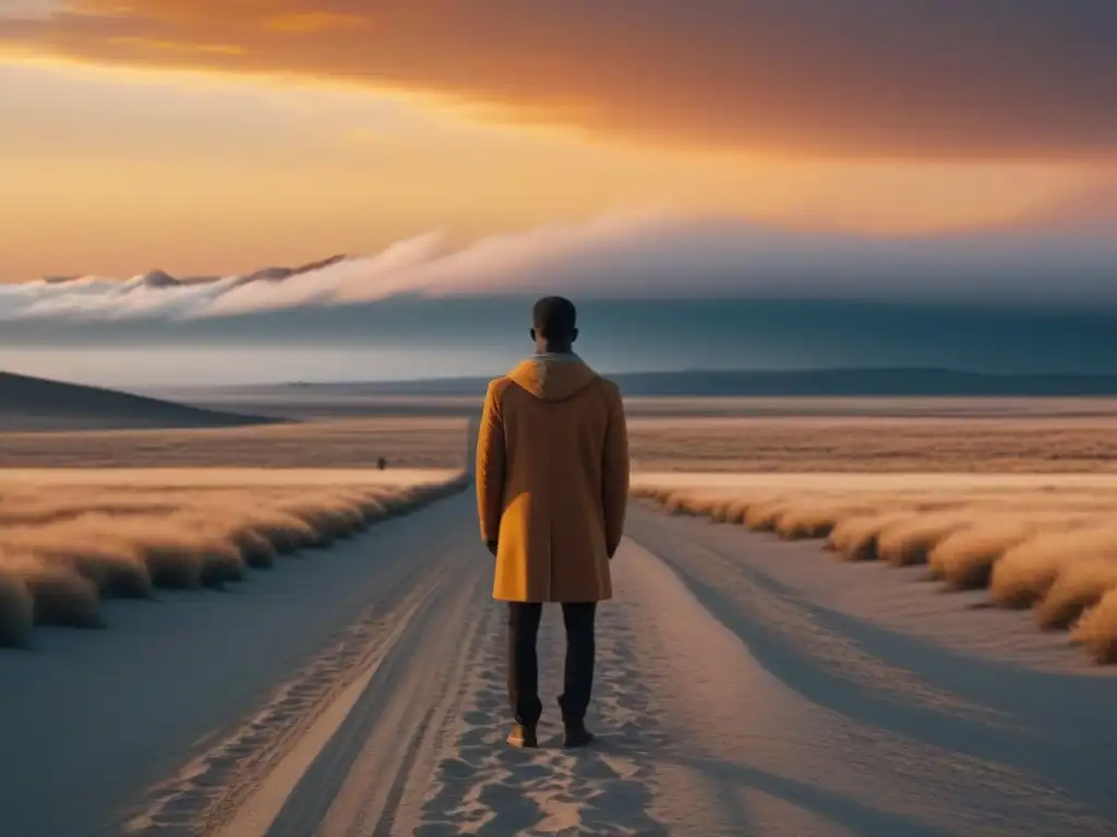 Figura solitaria en llanura al atardecer, transmitiendo poder transformador del ritmo en poesía y percepción