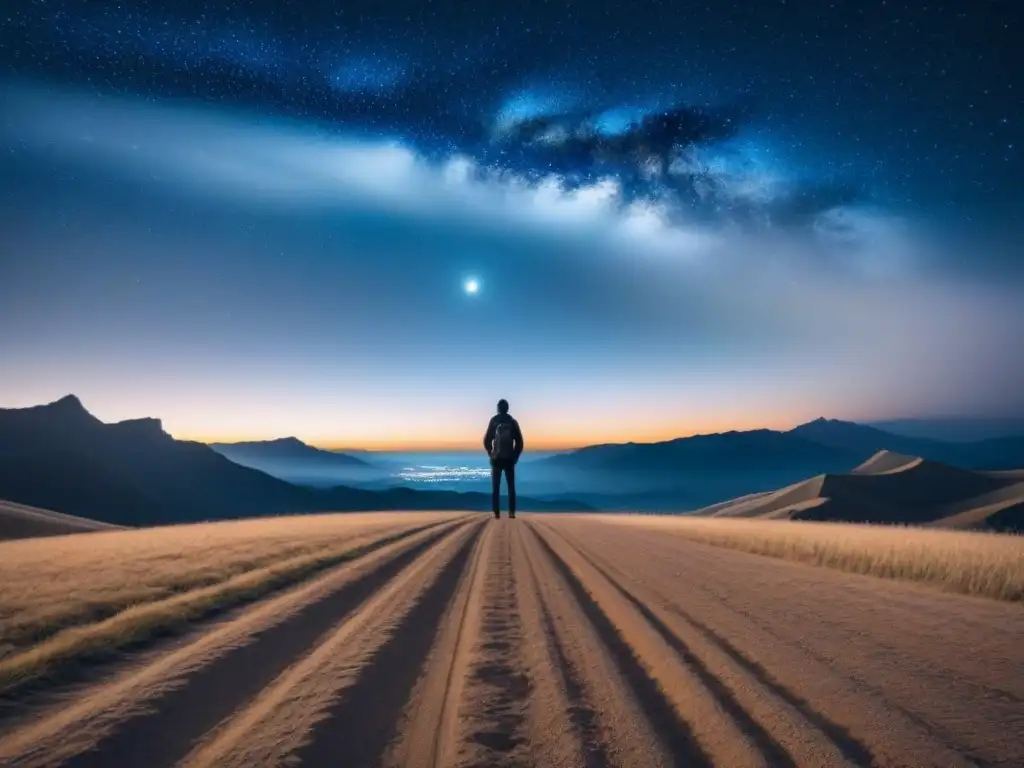 Figura solitaria en llanura bajo noche estrellada, montañas al fondo