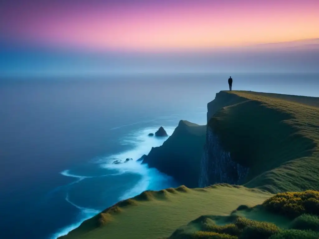 Una figura solitaria contempla el mar desde un acantilado, bajo la luz de la luna