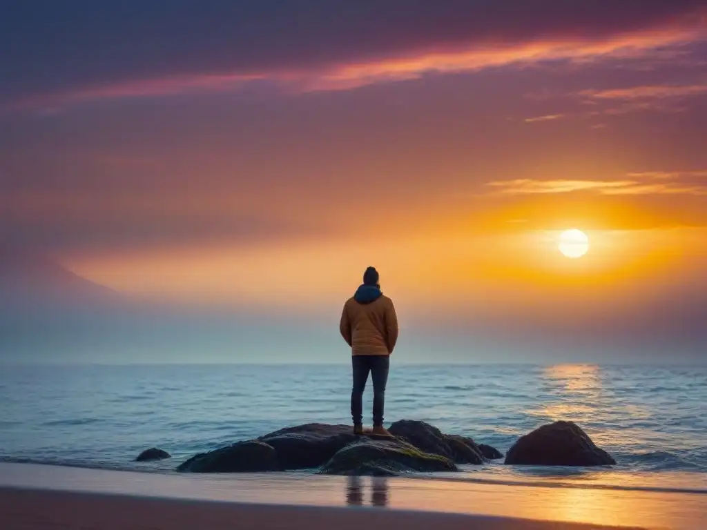 Figura solitaria contemplando el océano al atardecer, con el poder transformador de la poesía