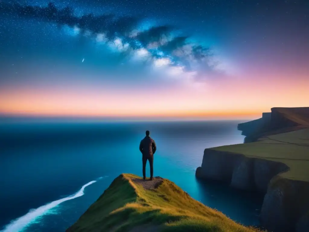 Una figura solitaria contempla el océano y el cielo estrellado en un acantilado