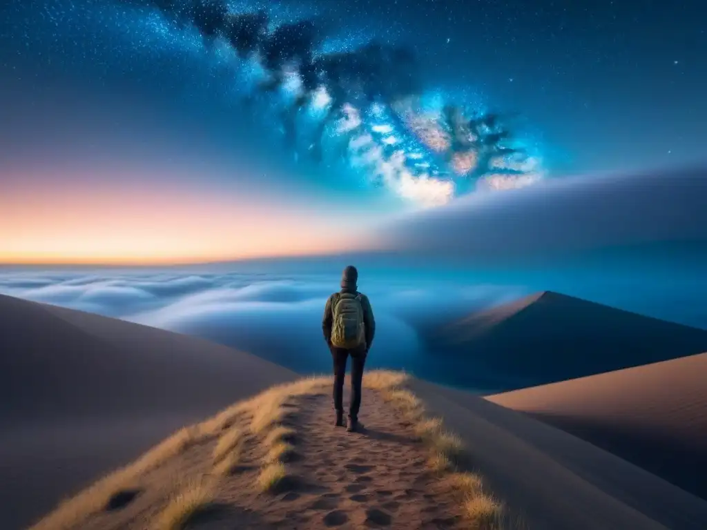 Figura solitaria en un paisaje desolado bajo un cielo estrellado, con un libro y pluma