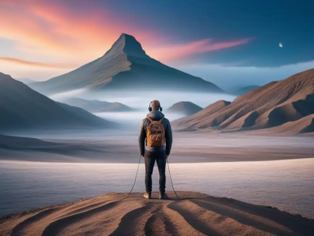 Figura solitaria en paisaje desolado, rodeada de montañas bajo cielo estrellado