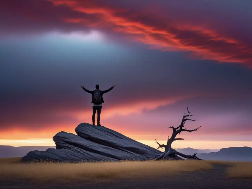 Figura solitaria entre paisaje desolado al atardecer, brazos extendidos hacia el cielo