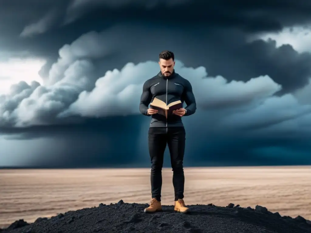 Figura solitaria en paisaje desolado con libro de poesía, poder transformador en crisis