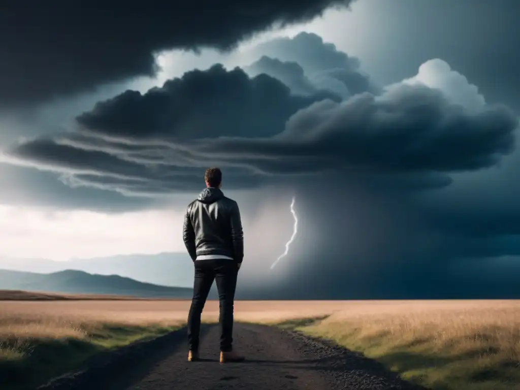 Figura solitaria en paisaje desolado bajo nubes de tormenta, reflejando el papel del sufrimiento en poesía