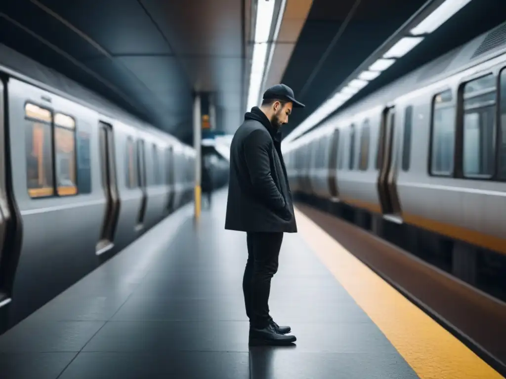 Figura solitaria en plataforma del metro, rodeada de formas geométricas, simbolizando contemplación