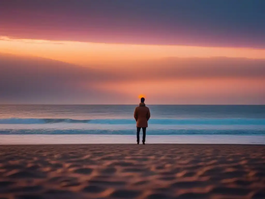Figura solitaria en la playa al atardecer, contemplando el mar con expresión reflexiva