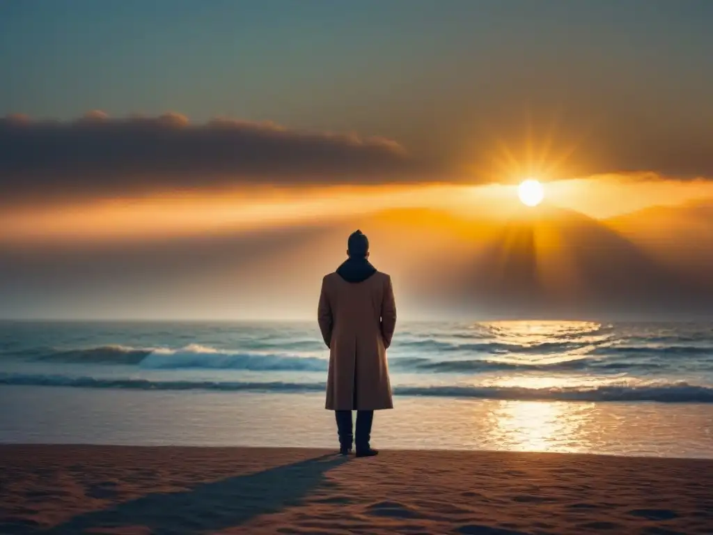 Figura solitaria contempla la puesta de sol en el vasto océano, creando una atmósfera de transformación a través de la poesía