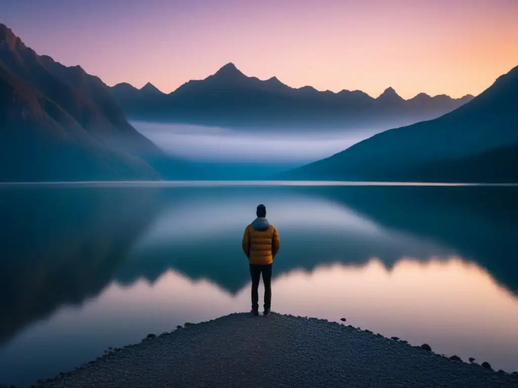 Figura solitaria reflexiva frente al lago sereno, montañas altas y atardecer pastel