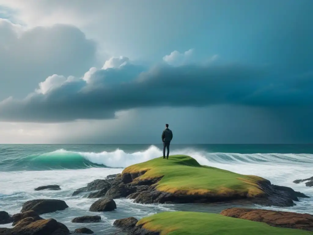 Una figura solitaria contempla la tormenta en una isla serena, simbolizando la redención en La Tempestad de Shakespeare