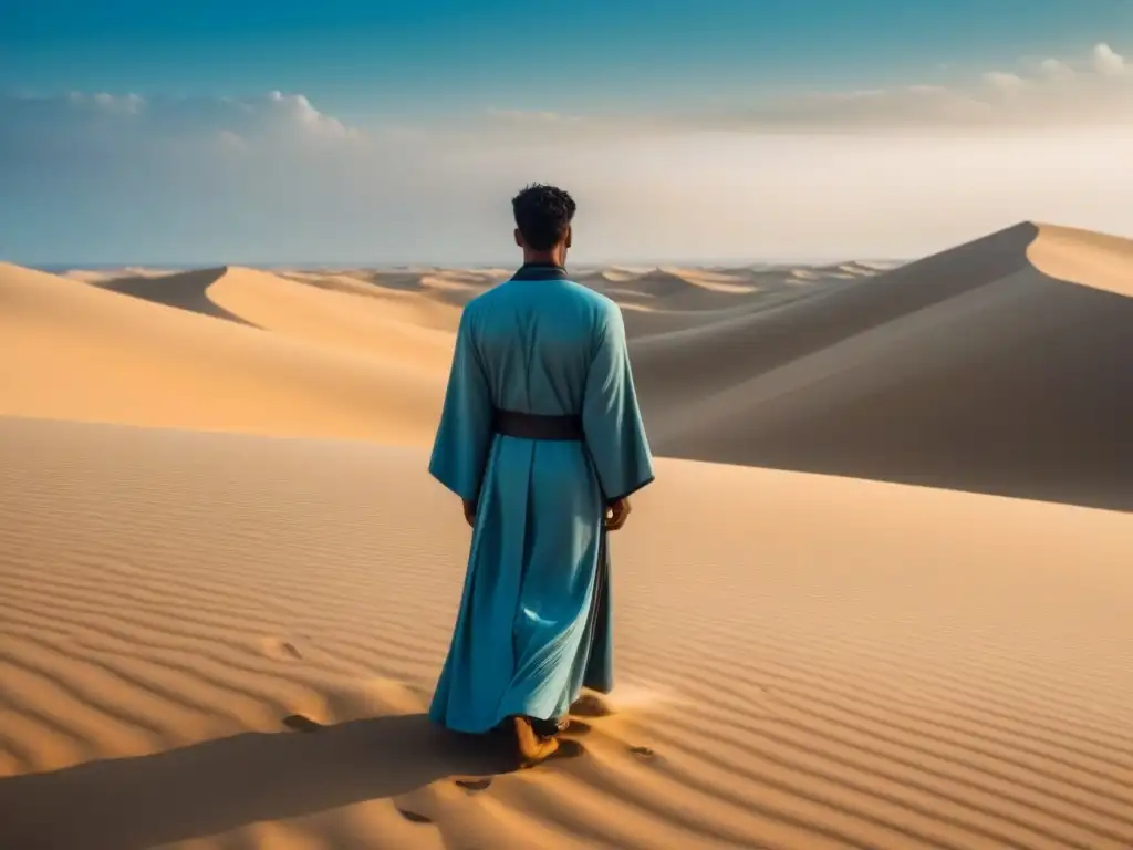 Figura solitaria en el vasto desierto, rodeada de dunas bajo un cielo azul