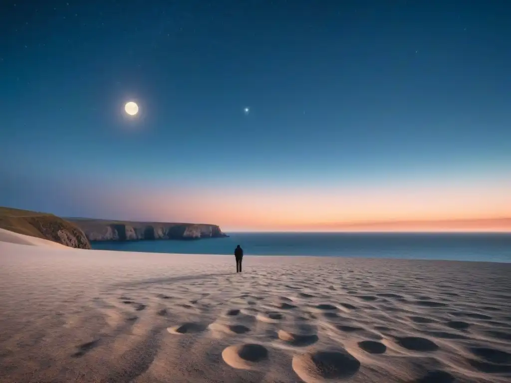 Figura solitaria contempla el vasto océano bajo el cielo estrellado