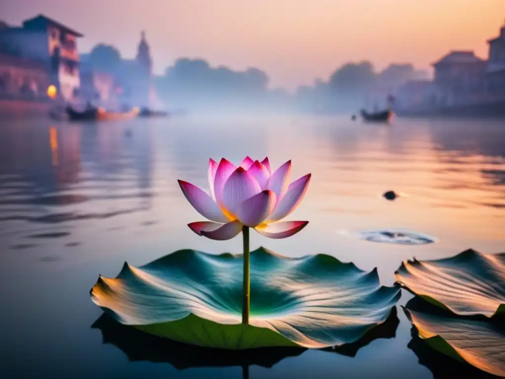 Flor de loto en amanecer místico sobre el Ganges Lotus en flor al amanecer sobre el Ganges en Varanasi, reflejando poesía india moderna espiritualidad