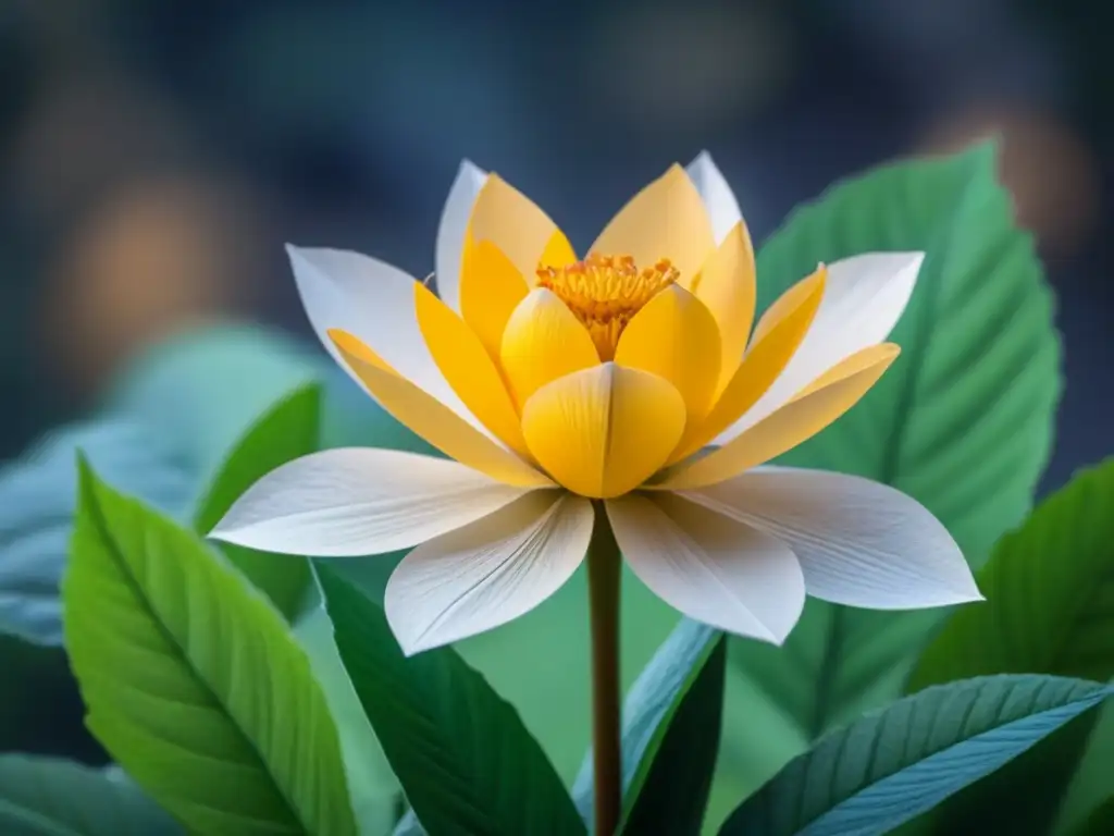 Una flor delicada y detallada hecha de materiales reciclados, mostrando la poesía transformadora y sustentabilidad en arte