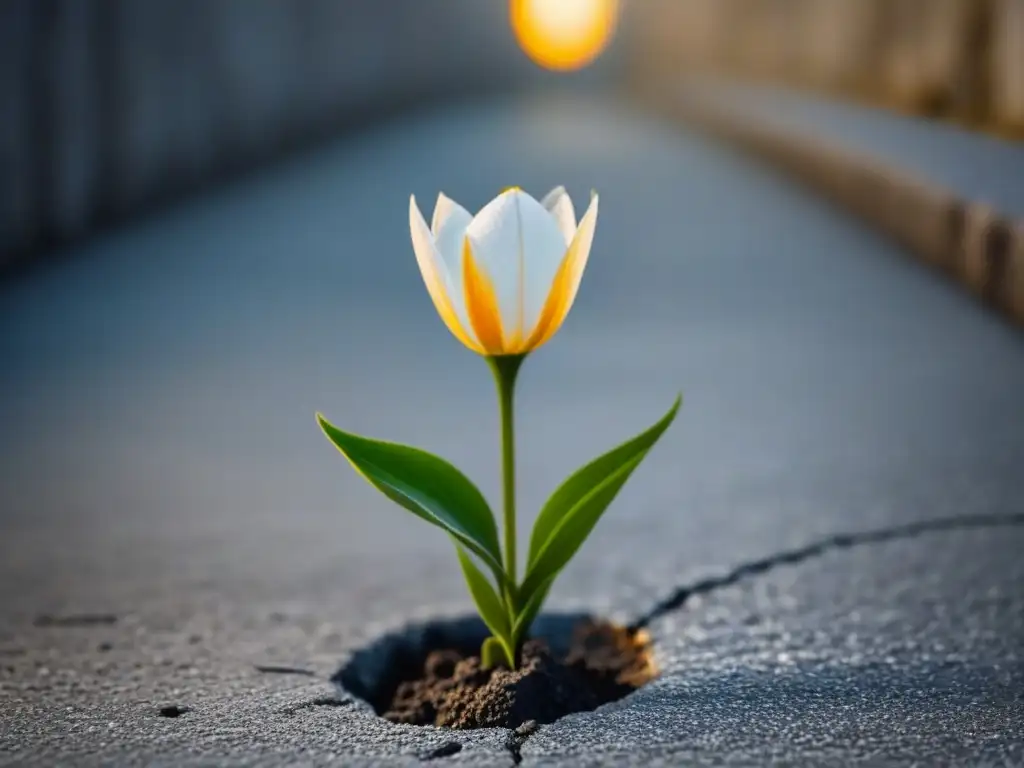 Una flor delicada emerge de una grieta en el concreto, reflejando la poesía en la Era Antropoceno